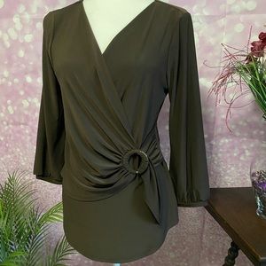 Brown Joseph Ribkoff NWT blouse with crossed front and buckle detail.  Mocha